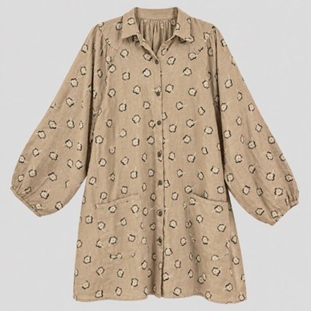 Gudrun Sjoden XL Beige Floral Tunic 100% Linen Button Up Pockets Artsy Lagenlook